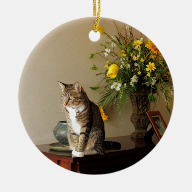 Brun svart tabby kattsitta på pianoblommor julgransprydnad keramik (Framsidan)