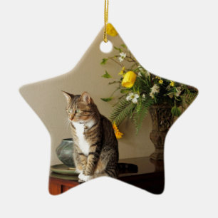 Brun svart tabby kattsitta på pianoblommor julgransprydnad keramik