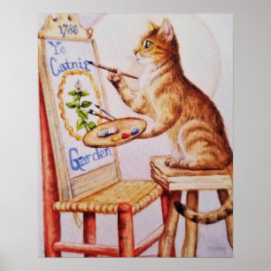 Brun tabbby Artist Cat Painting Watercolor 16 x 20 Poster
