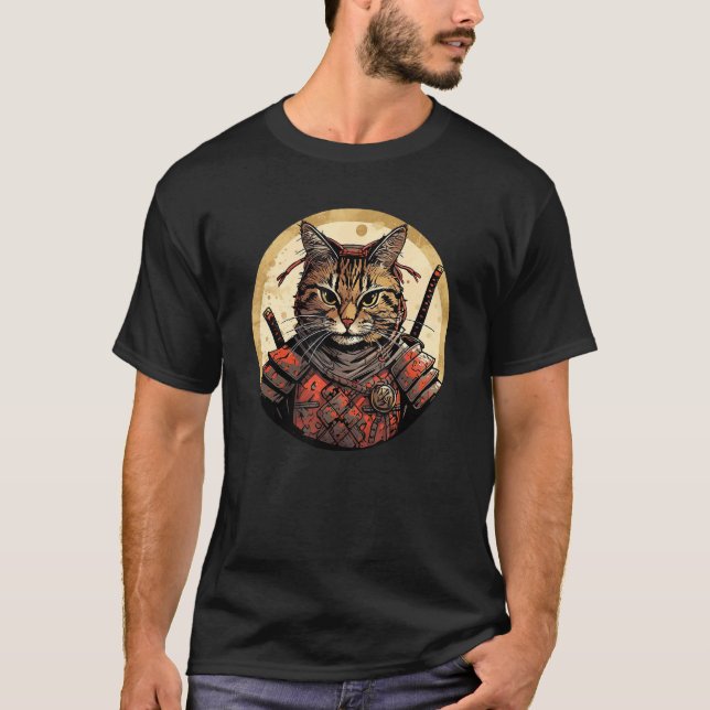 Brun Tabby Katt Samuraj Rolig Husdjur Krigare T Shirt (Framsida)