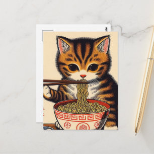Brun Tabby Kitten Eating Ramen Woodblock Skriv ut Vykort