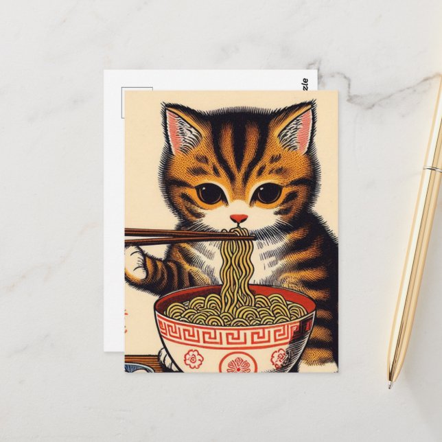 Brun Tabby Kitten Eating Ramen Woodblock Skriv ut Vykort (Fram/Back In Situ)