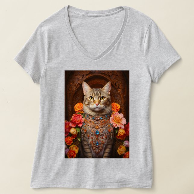 Brun tabby med blommor och Victorian Stil T Shirt (Laydown)
