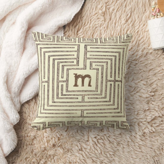 Brun Tan Monogram Tribal Grekisk Nyckel Mönster Kudde (Filt)
