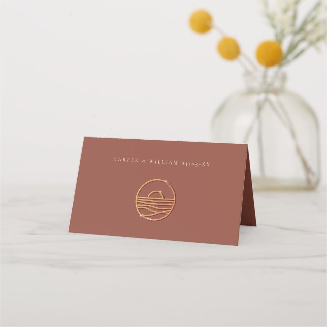 Brun terracotta sunset logotyp bröllop place card placeringskort (Baksida)