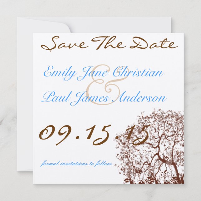 Brun Träd Bright Blue Font Spara datum Datumet (Framsida)