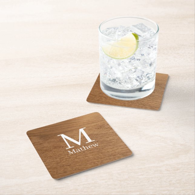 brun träram rustik namn monogram mönster si underlägg papper kvadrat (Insitu)