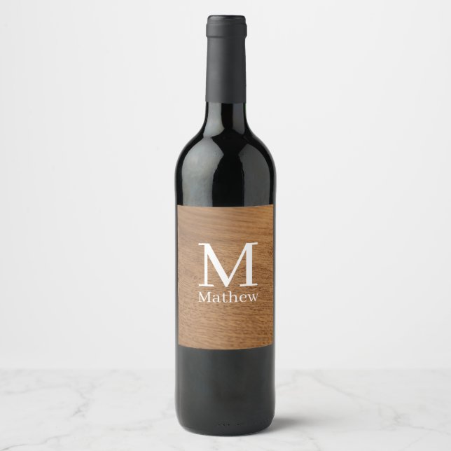 brun träram rustik namn monogram mönster si vinflaska etikett (Framsida)