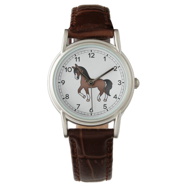 Brun Trotting Horse Cute Tecknad Illustration Armbandsur (Framsida)