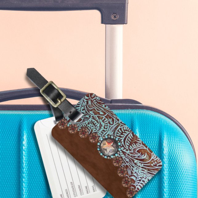 Brun turkos med westernt land-verktyg, läder bagagebricka (brown turquoise western country tooled leather luggage tag)