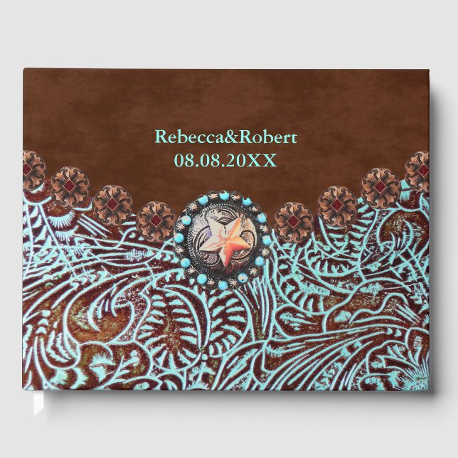 Brun turkos med westernt land-verktyg, läder gästböcker (Framsida)