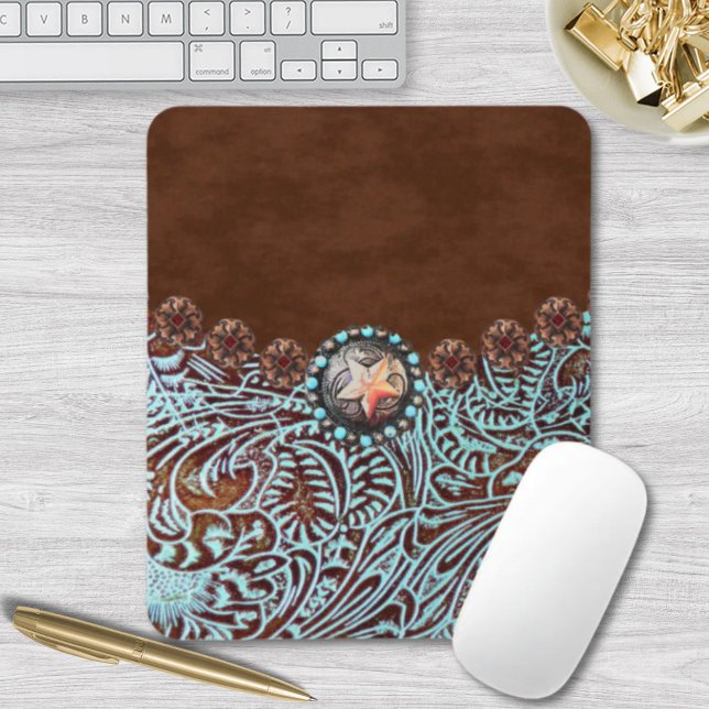 Brun turkos med westernt land-verktyg, läder musmatta (brown turquoise western country tooled leather mouse pad)