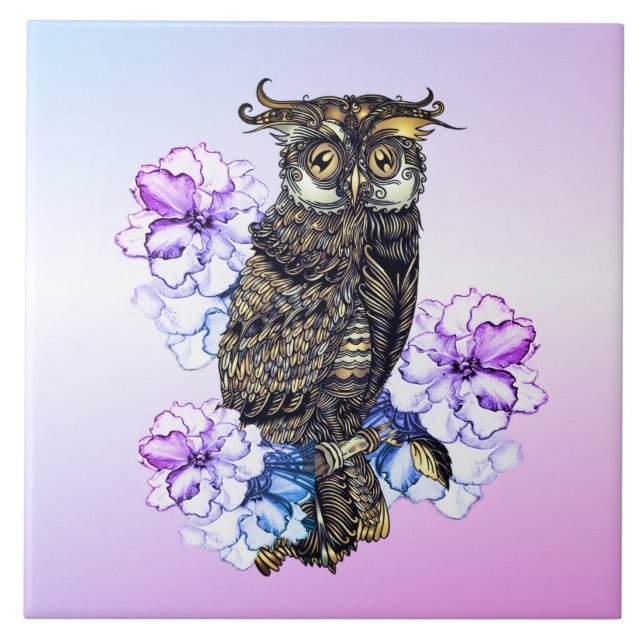 Brun uggla lila blommor  kakelplatta (Framsidan)