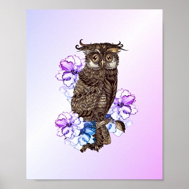Brun uggla lila blommor  poster (Framsidan)