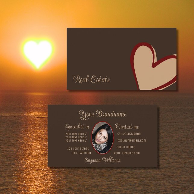Brun underbar Red Beige Heart Modern med Photo Visitkort (Skapare uppladdad)