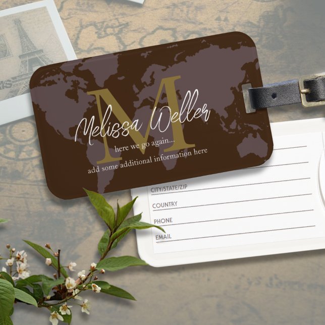 Brun världskarta Traveler Modern & Elegant Monogra Bagagebricka (Skapare uppladdad)