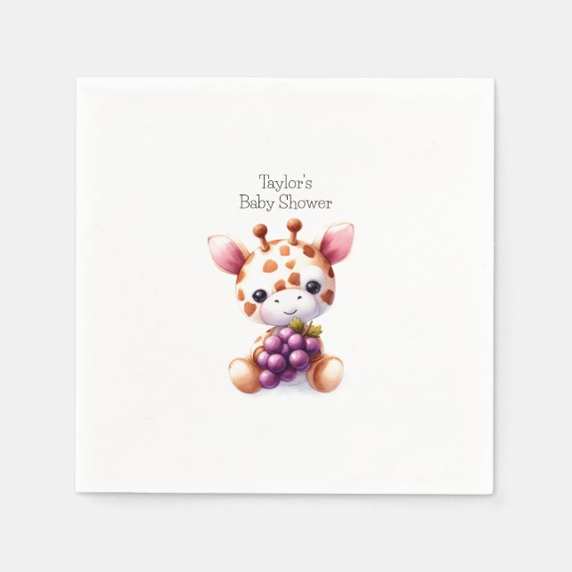 Brun vattenfärg Giraffe Minimalist Baby Shower Pappersservett (Framsidan)