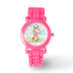 Brun vattenfärg, lilla häst armbandsur