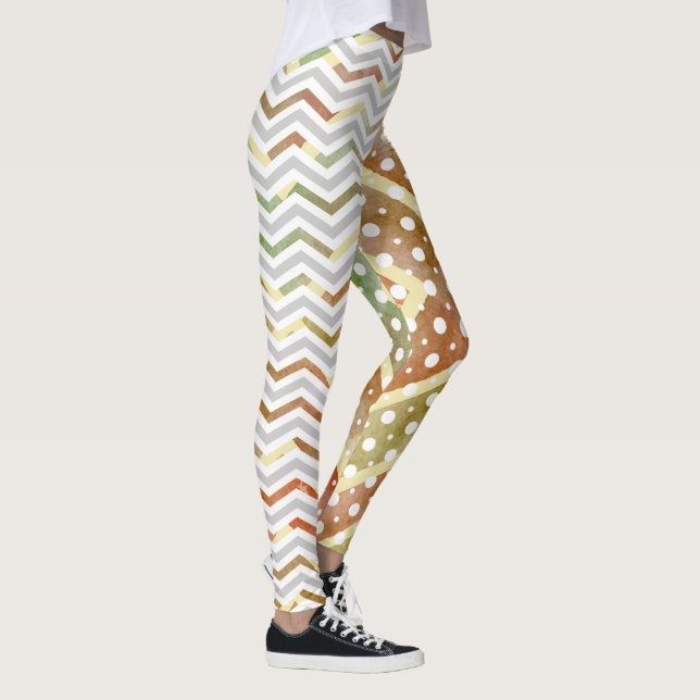 Brun vattenfärgschevron, grönt-, polka-punktlegeri leggings (Höger)
