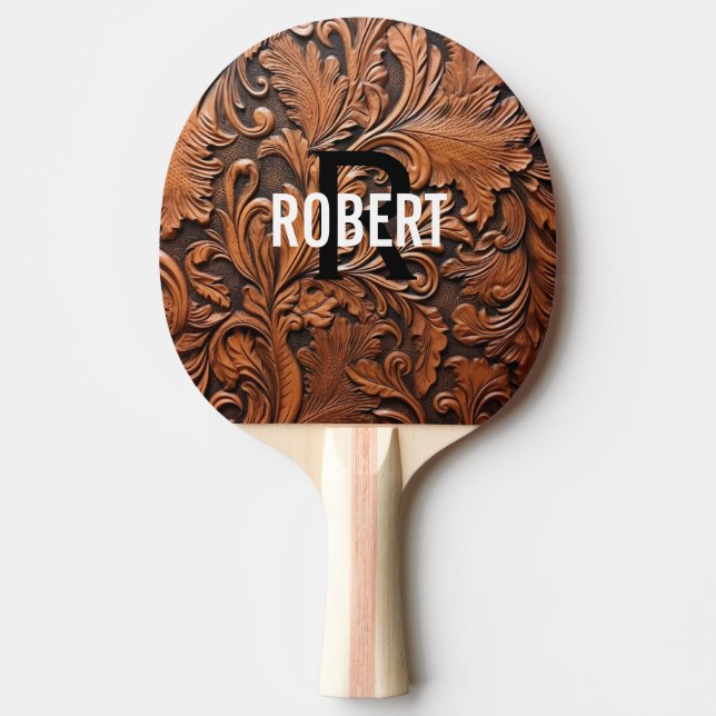 Brun verktygslädermonogram namn pingisracket (Framsidan)