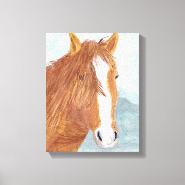Brun Vild Horse Blue Mountain Sjö - akryl. Canvastryck (Framsida)