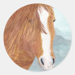 Brun Vild Horse Blue Mountain Sjö - akryl. Runt Klistermärke