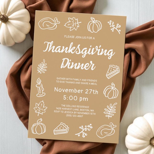 Brun vimisk Hand plockade Modern Thanksgiving Inbjudningar (Modern Brown Doodle Pumpkin Thanksgiving Dinner Invitation)