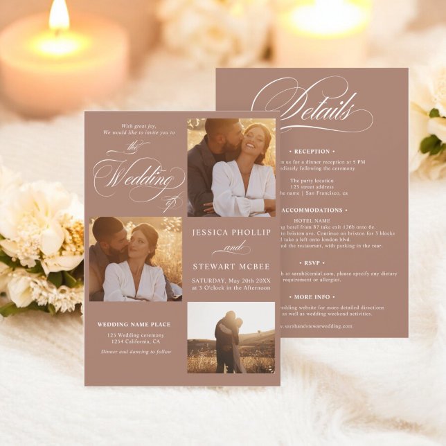 Brun vit allt i ett skript foton bröllop inbjudningar (Brown white all in one script photos wedding invitation)
