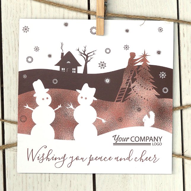 Brun, vit, Bronze Snögubbars Company Helgdag Card Inbjudningar (Chocolate Brown Logo Company Holiday Christmas Cards, Rustic Brown White Snowmen Snow Village)