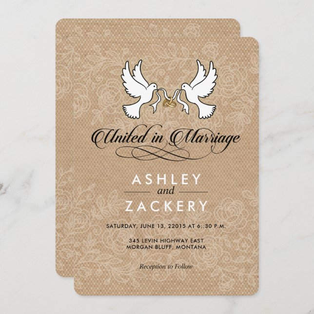 Brun, vit doves bröllopsinbjudan inbjudningar (Fram/baksida)