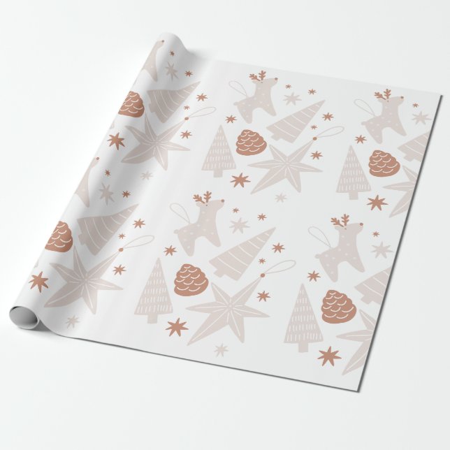 Brun vit illustrerad julklappspapper presentpapper (Utrullad)