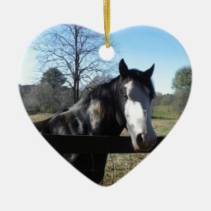 Brun&vit, målad häst, skarp blå himmel julgransprydnad keramik