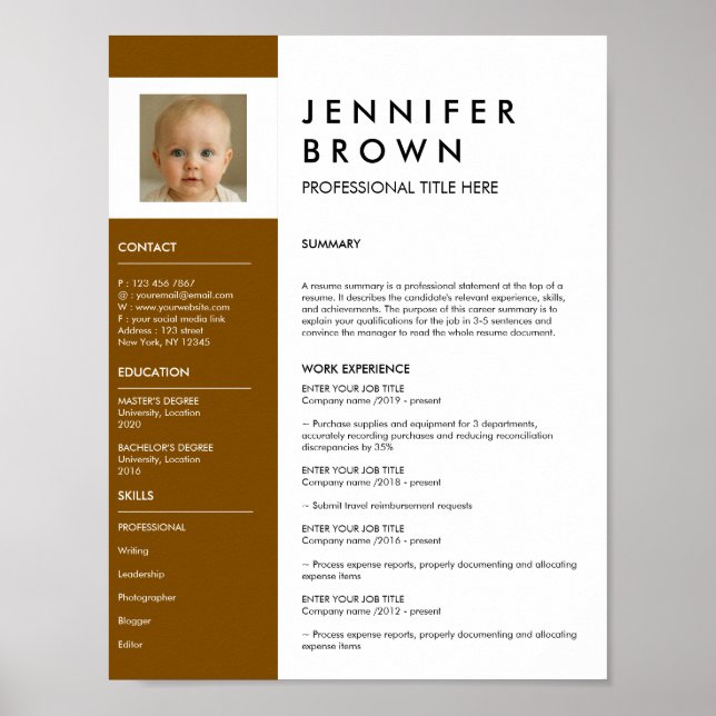 Brun Vit meritförteckning cv fotografering digital Poster (Framsidan)
