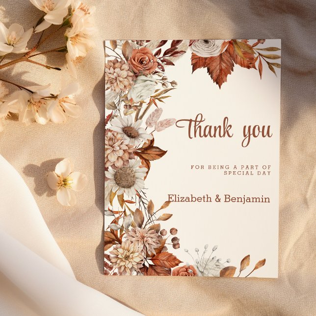Brun vit orange fall blommigt, rustik Tack Inbjudningar (Brown white orange fall floral rustic Thank You)