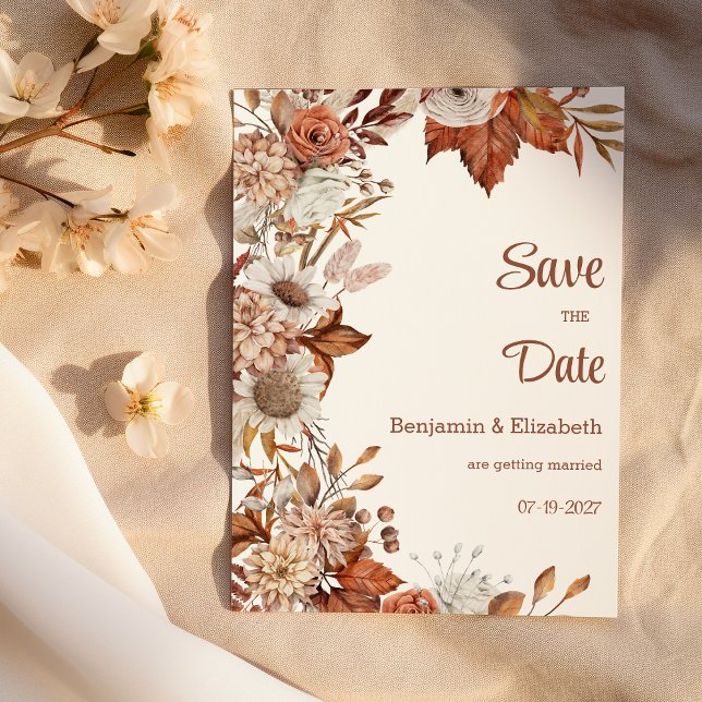 Brun vit orange faller flora Slut datum Inbjudningar (Brown white orange fall flora rustic Save the Date)