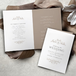 Brun vitt hjärta och löv monogram art bröllop program
