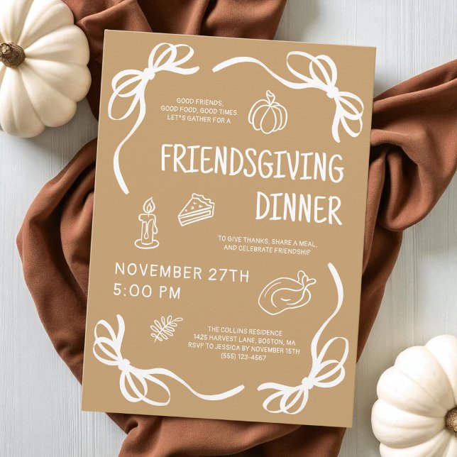 Brun Whimsical Hand plockade Friendsgiving-middag Inbjudningar (Brown Whimsical Hand Drawn Friendsgiving Dinner Invitation)