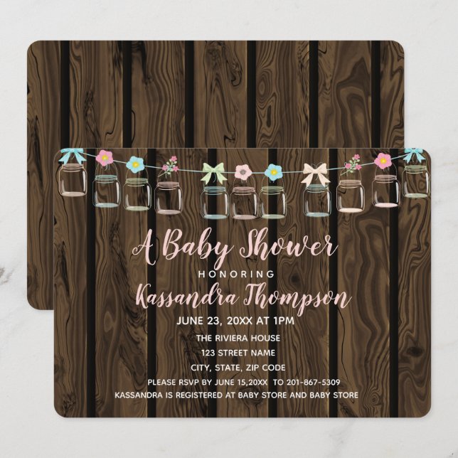 Brun Wood Rustic Mason Burk Baby Shower-inbjudan Inbjudningar (Fram/baksida)