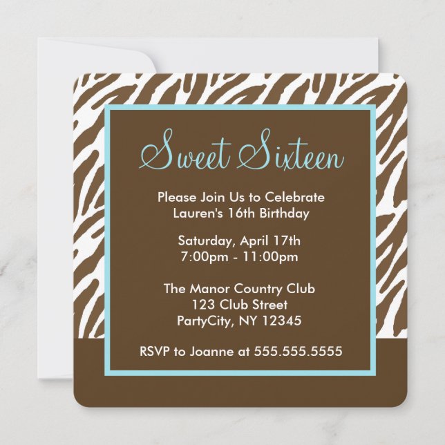 Brun Zebra tryck, Sweet sixteen Party Inbjudningar (Framsida)