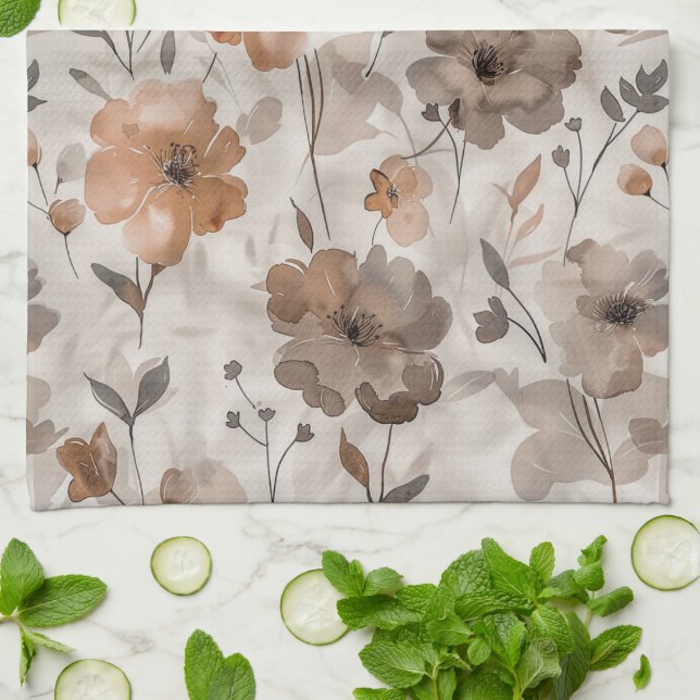 Bruna Apelsin Crème Blommor Kökshandduk (Vikta)