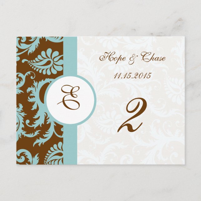 Bruna & Aqua Trim Damask Virvlar Bord Nummer Kort (Framsida)