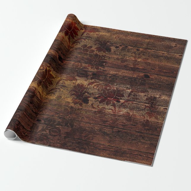 Bruna Blommigten Rustic Wood Presentpapper (Utrullad)