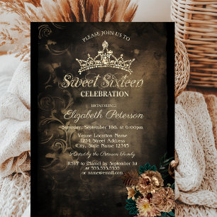 Bruna Blommor Damast Mörk Gotisk Sweet 16 Inbjudningar