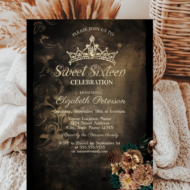Bruna Blommor Damast Mörk Gotisk Sweet 16 Inbjudningar (Skapare uppladdad)