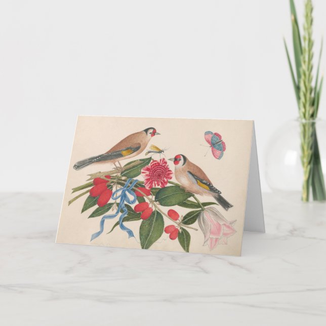 Bruna fåglar med blommor och fjäril helgkort (Framsida)