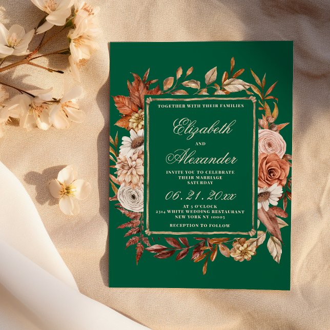 Bruna gröna blommande löv höst bröllop vinter  inbjudningar (Fall brown green floral leaves winter wedding )
