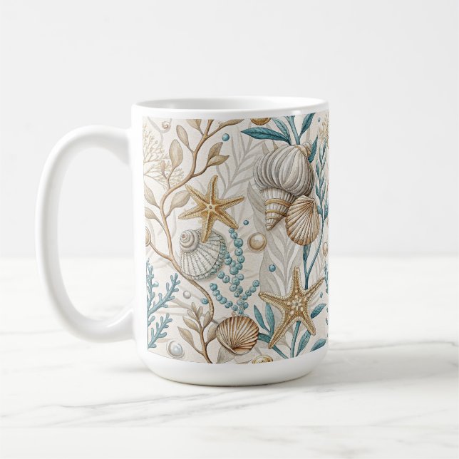 BRUNA GRÖNA VITA SNAECKOR OCH AKVATISK LÖVMASSA KAFFEMUGG (Vänster)