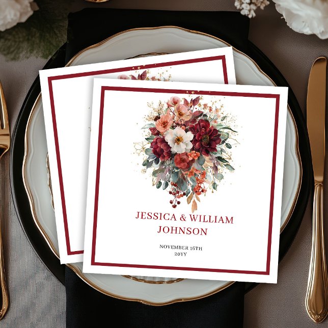 Bruna höstblommiga bohemiska eukalyptus-högtidsser pappersservett (Fall Maroon Floral Boho Eucalyptus Wedding Napkins

)