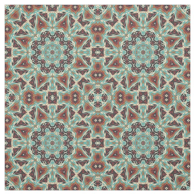 Bruna Turkos Röda Orangen Aztec Mosaic Mönster Tyg (Provkarta)