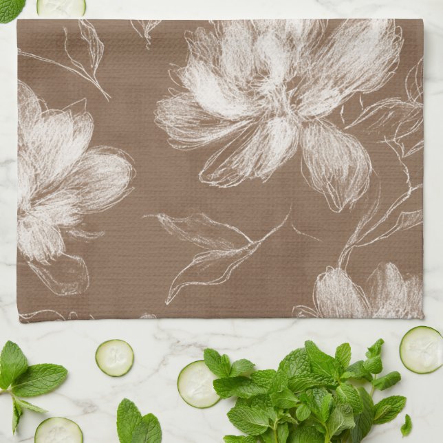 Bruna Vita Abstrakt Blommor Kökshandduk (Vikta)